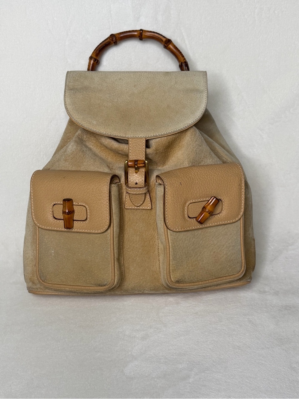Gucci Beige Suede & Tan Leather Bamboo Handle Backpack